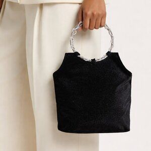 Victoria's Secret Black Velvet Plush Evening Bag Purse Pearl Wrap Metal Handles